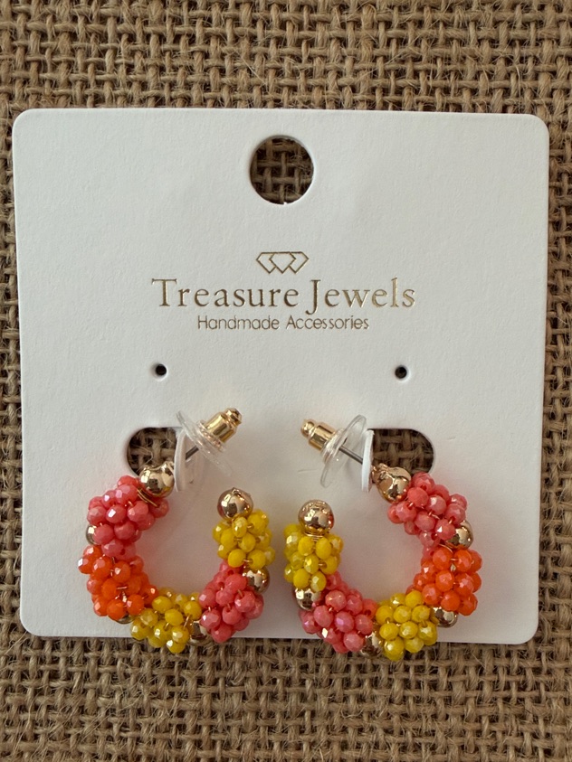 Treasure Jewels Multicolor Beaded Hoop Earrings Pink, Orange & Yellow